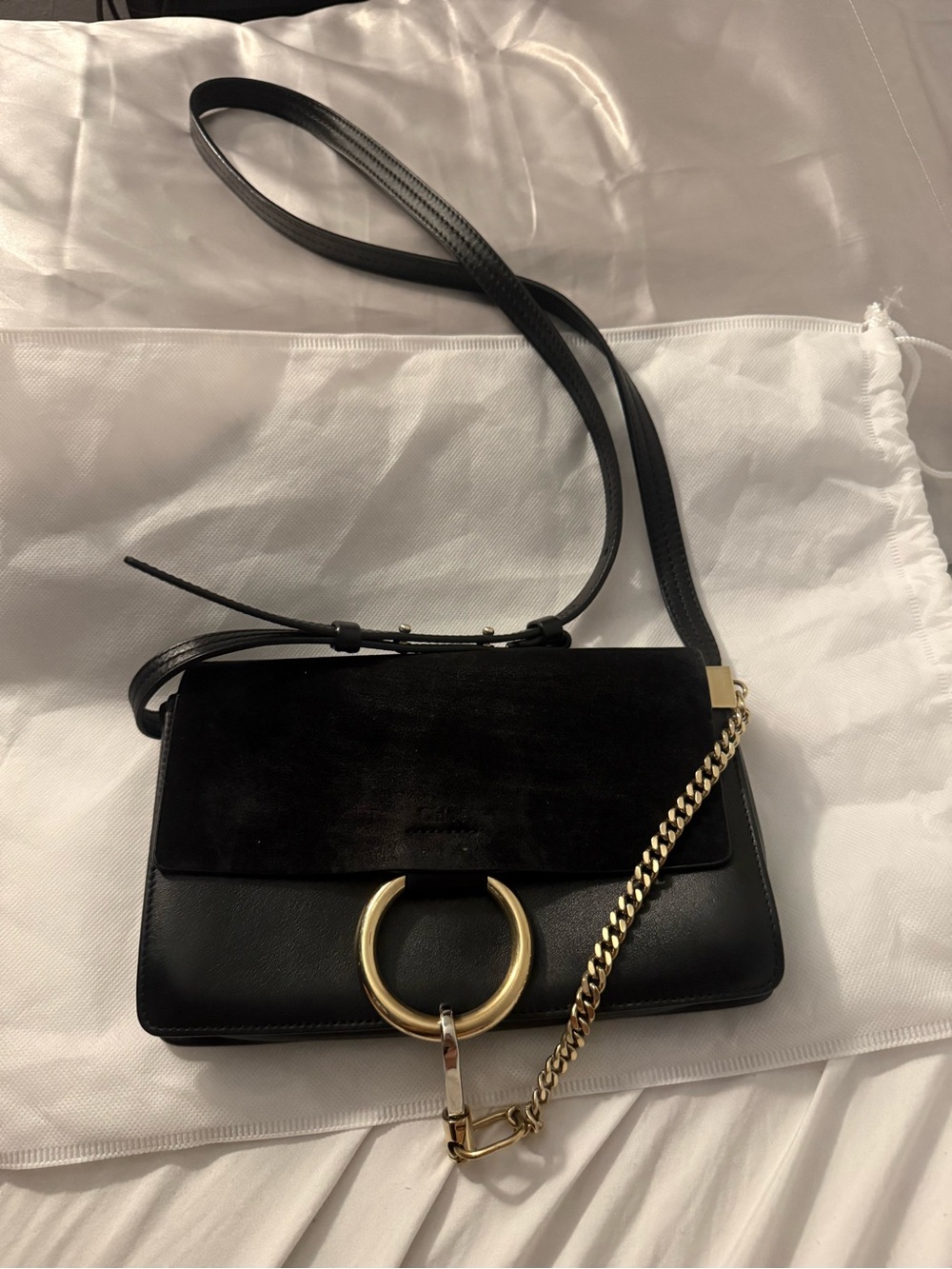 Chloe Black Leather and Suede Crossbody with Gold Ring